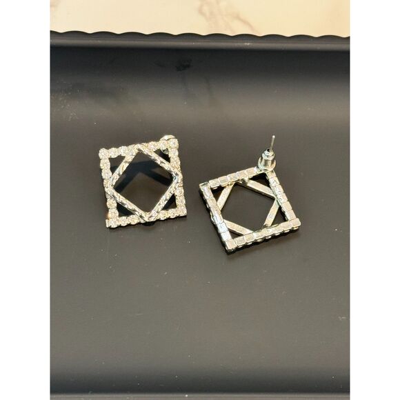 Vintage  Double Square Earrings - Rhodium Plated Sterling Silver - Picture 4 of 5